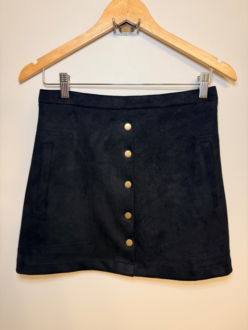 HYFVE Black Suede Button-Front Mini Skirt with Gold Buttons